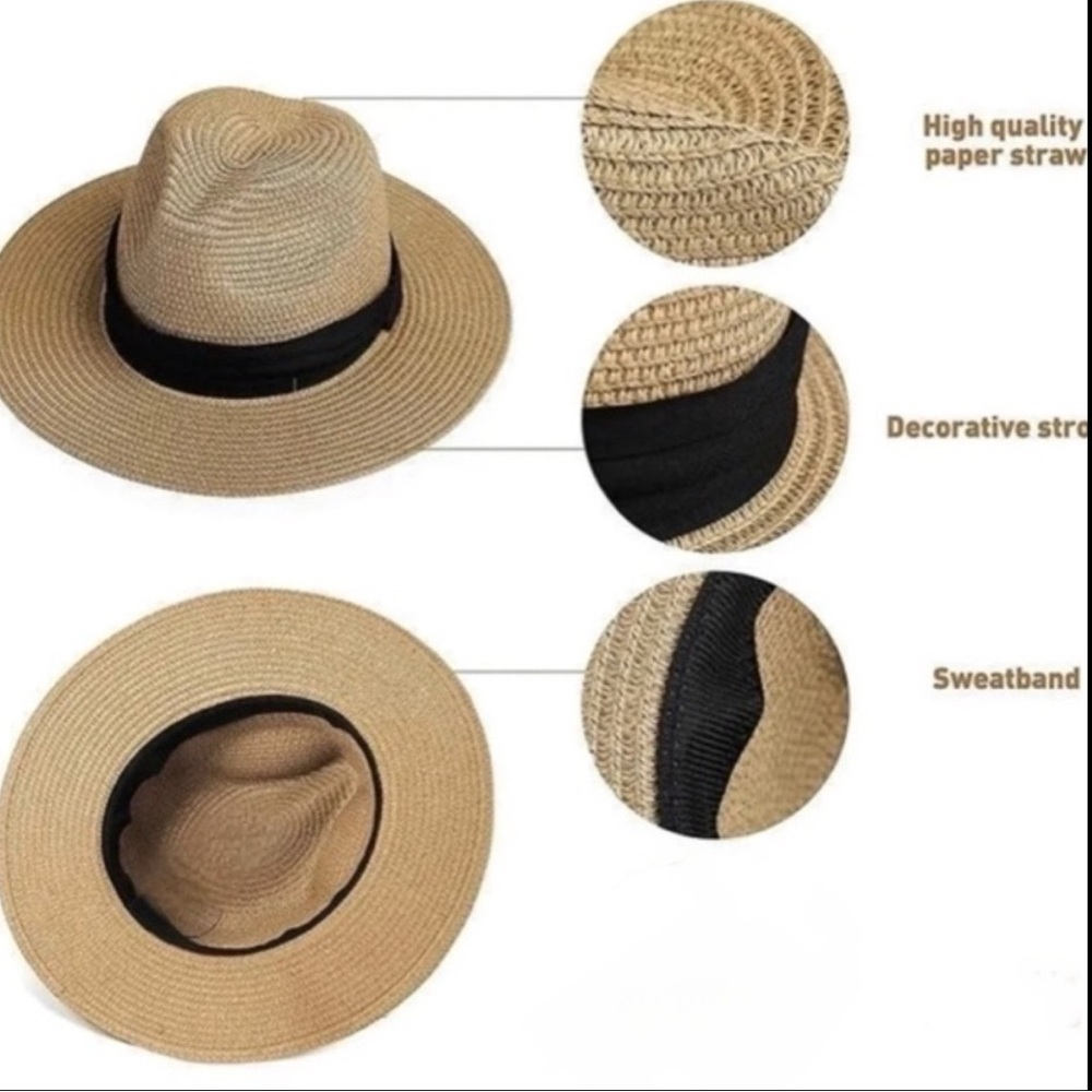 Straw Sun Hat Tan Fedora with Black Sash New with Tags One Size Adjustable Band - Picture 10 of 15